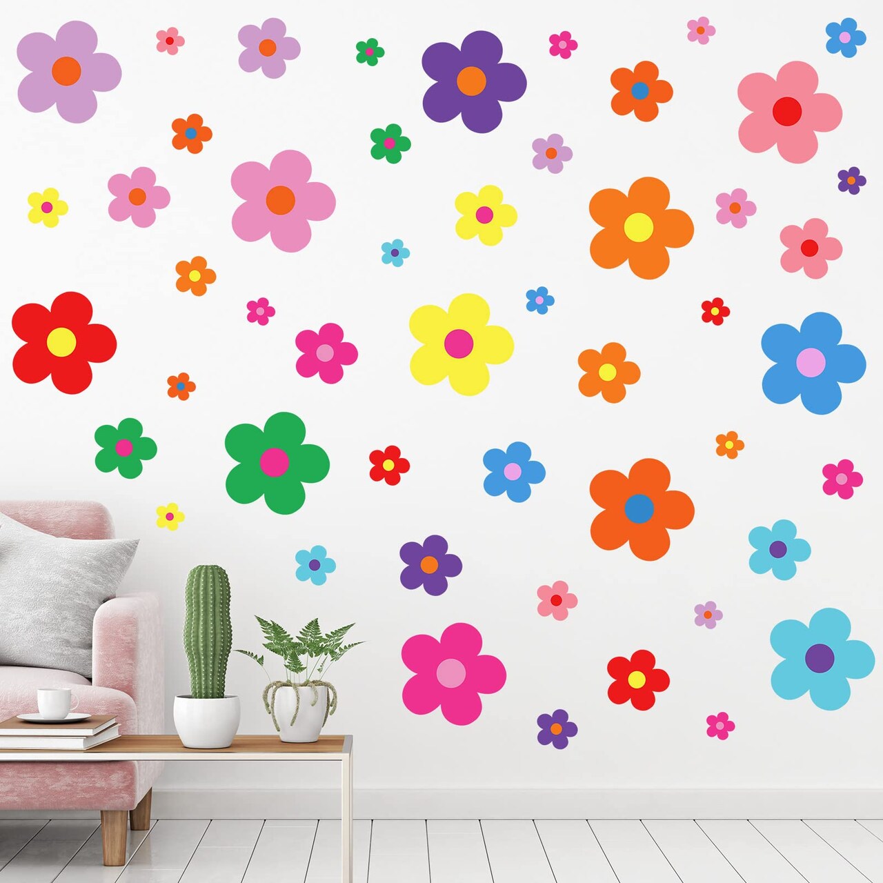 288 Pcs Y2k Cute Flowers Wall Sticker Colorful Floral Wall Decal Vinyl Peel and Stick Preppy Hippie Stickers Aesthetic Wall Flowers Wall Decor for Nursery Bedroom(9.1 x 11.4 Inch,Bright Colors)